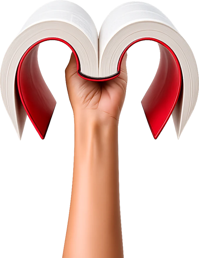 A hand holding an open Bible shaped like a heart